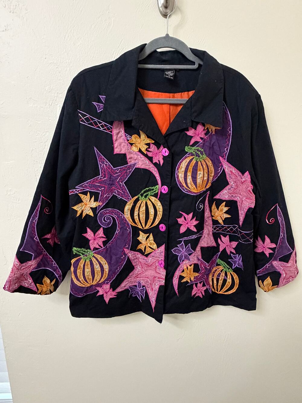 Halloween Pumpkin Applique Jacket XL Witchy Whimsigoth Art to Wear Hona Tobe